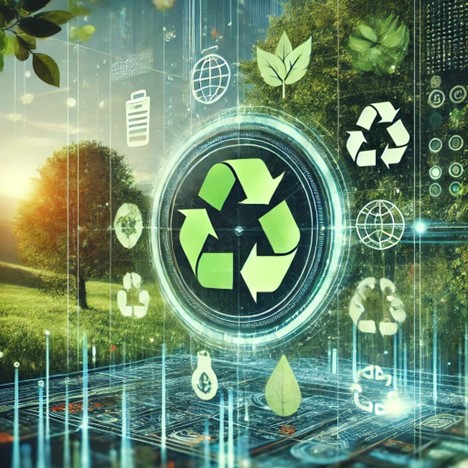 a futuristic digital interface with holographic eco-friendly symbols like leaves and recycling icons over a lush green landscape