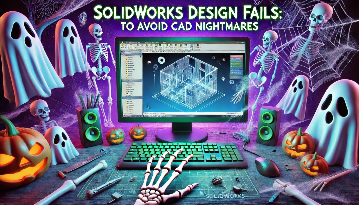 A haunted digital workspace with a computer screen displaying a 3D CAD model in SOLIDWORKS.