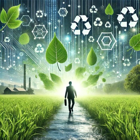 a silhouetted engineer walking across a lush green field with a stream of digital information representing green technology