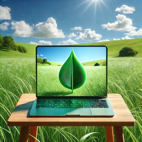 A laptop sitting on a simple table in the middle of a bright, lush green field displaying a teardrop shaped leaf design