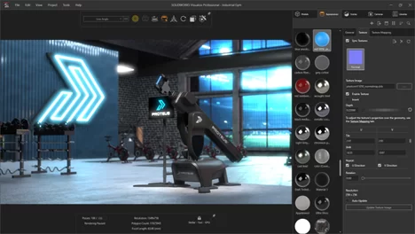 SOLIDWORKS Visualize Professional showing a rendered scene of the Proteus machine in an industrial gym setting.