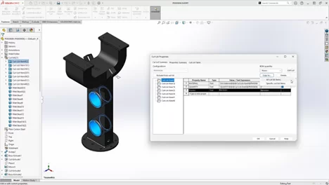 The SOLIDWORKS interface showcasing a structural part with a detailed cut list table open.