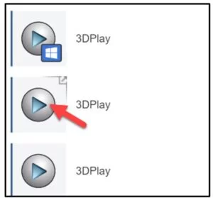 Screenshot showing three instances of the 3DPlay icon on the 3DEXPERIENCE platform, with a red arrow pointing to the middle icon, highlighting its selection.