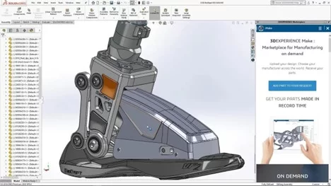 A SOLIDWORKS CAD interface showing a detailed mechanical assembly alongside the 3DEXPERIENCE Marketplace task pane, highlighting the options for on-demand manufacturing services.