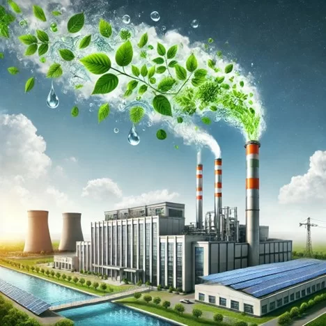 An industrial facility with a sustainable focus, featuring chimneys emitting green foliage and water droplets instead of smoke.