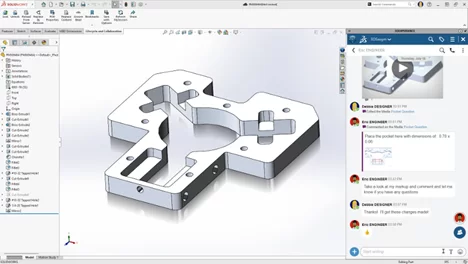 SOLIDWORKS interface displaying a 3D CAD model of a machined part with detailed cutouts and holes. The 3DEXPERIENCE platform's collaborative chat panel is open on the right, showing a conversation discussing design feedback with annotated visuals.