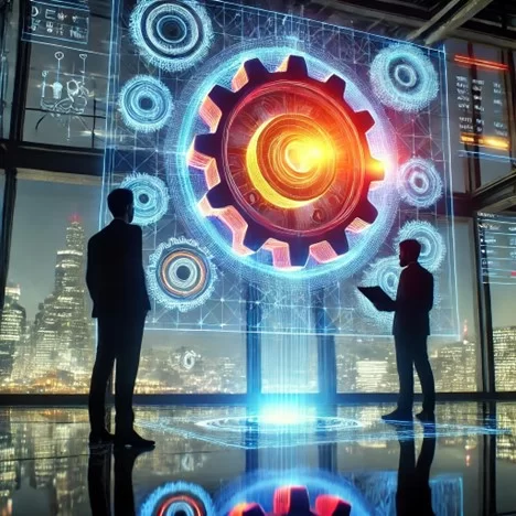 Two silhouetted engineers in a futuristic office space analyzing a glowing 3D hologram of a gear design with an FEA (Finite Element Analysis) overlay.