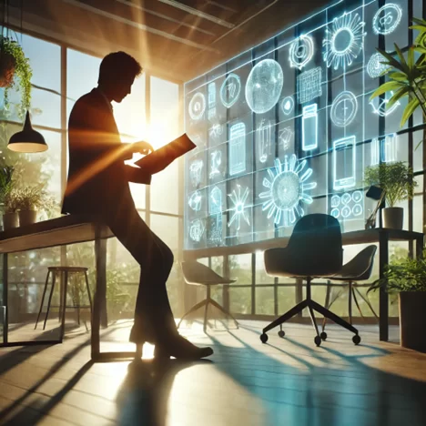 : A silhouetted CAD engineer working on a tablet in a brightly lit design studio with large windows, plants, and eco-friendly design elements.