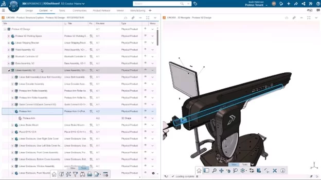 A dashboard view in the 3DEXPERIENCE platform showing the Proteus Motion design structure.