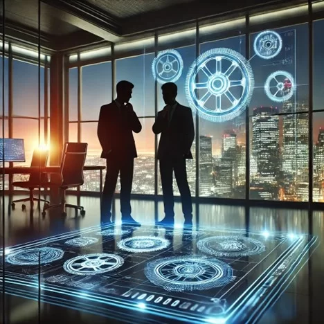 Two silhouetted engineers in a futuristic office space collaborating on a glowing 3D hologram of a mechanical design.