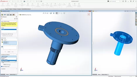 SOLIDWORKS interface displaying a simplified assembly using the Silhouette Defeature tool. The model is divided into grouped components with simplified outlines on the left panel, while the right panel shows the resulting lightweight representation.