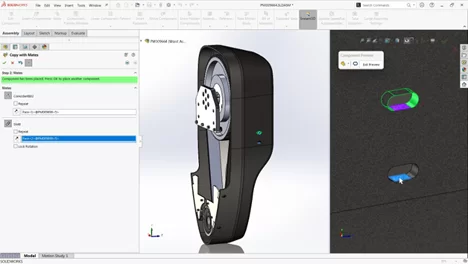 A detailed assembly with a section view of a mechanical component. The left panel highlights the 'Copy with Mates' tool in use. The right panel displays a preview of the selected component.