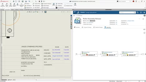 The SOLIDWORKS interface displaying an engineering drawing detailing dimensions, tolerances, and approvals. The 3DEXPERIENCE panel on the right showcases the ENOVIA Change Execution process, outlining the approval workflow stages.