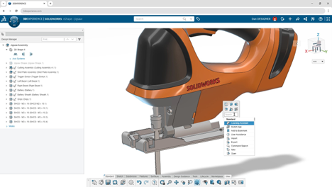 SOLIDWORKS browser-based roles displaying a jigsaw assembly with command search functionality and design management tools on a browser interface.