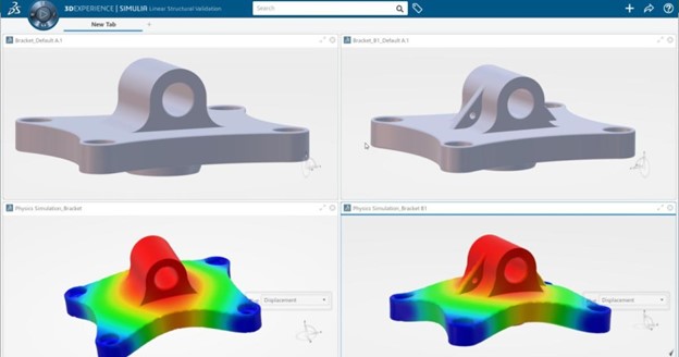 A simulation interface from the 3DEXPERIENCE platform showing a 3D model of a bracket with two views.