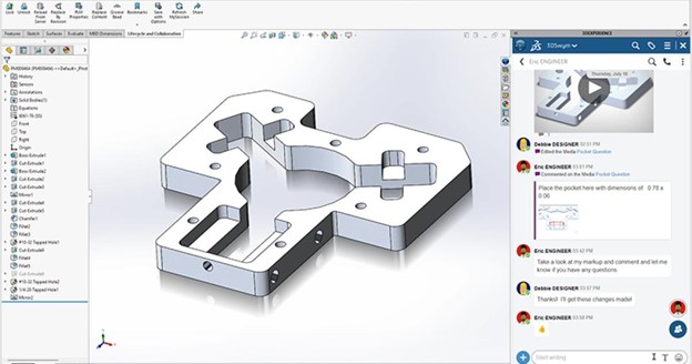 A CAD drawing of a machined part within the SOLIDWORKS interface, featuring precise dimensions and cut-outs.