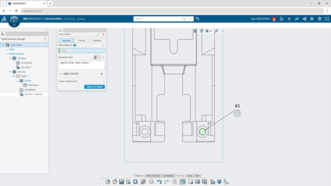 SOLIDWORKS browser-based interface illustrating detailed 2D drawing annotations, including hole callouts and dimension management for a jigsaw model.