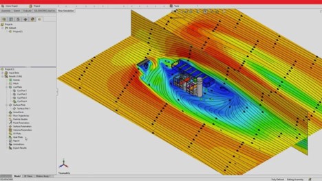 A SOLIDWORKS Flow Simulation interface displaying an aerodynamic study with colorful contour plots and vector arrows, indicating airflow over an object in a simulated 