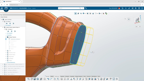 Subdivision editing tools in SOLIDWORKS browser-based roles applied to the handle of a jigsaw model, demonstrating alignment to external geometry.