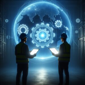 Two engineers in safety vests and hard hats stand in a warehouse, viewing glowing digital interfaces of gears and a world map on tablets.