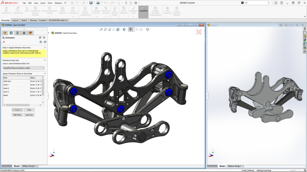 A SOLIDWORKS interface showcasing a mechanical part with a complex assembly structure.