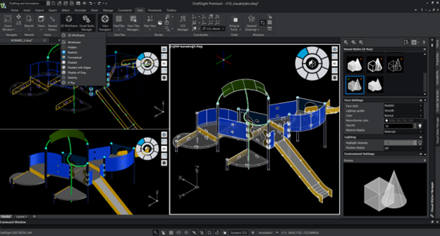 DraftSight interface showcasing a multi-view 3D model of a playground structure, complete with visual style settings.