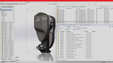 A SOLIDWORKS model of an advanced mechanical assembly alongside a detailed BOM and workflow states in the PDM interface