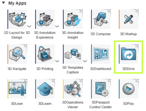 Interface 3DDrive dans la plateforme 3DEXPERIENCE pour le partage et la gestion de fichiers infonuagiques