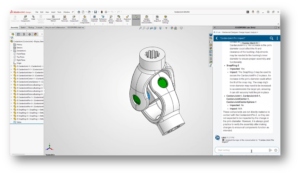 Interface SOLIDWORKS 2026 FD02 montrant une analyse d’impact des modifications propulsée par l’IA sur un modèle d’assemblage mécanique.