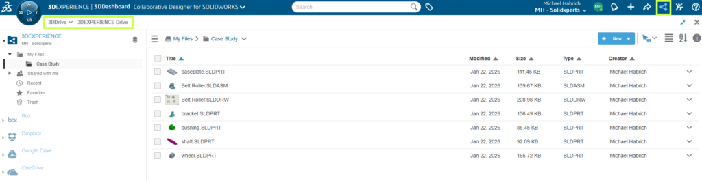 Interface 3DDrive dans la plateforme 3DEXPERIENCE pour le partage et la gestion de fichiers infonuagiques