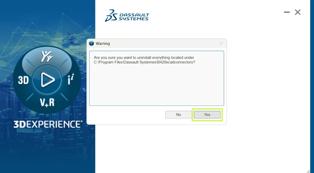 Interface showing the progress of uninstalling the SOLIDWORKS Connector in 3DEXPERIENCE SOLIDWORKS on Windows