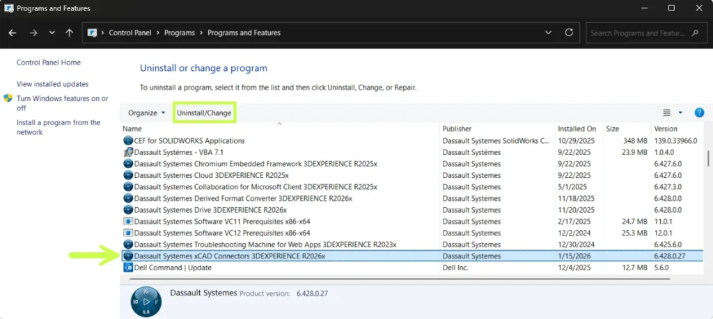 User interface displaying the ongoing uninstallation of the SOLIDWORKS Connector within 3DEXPERIENCE SOLIDWORKS