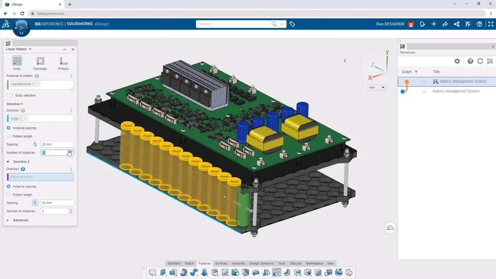 Environnement de modélisation SOLIDWORKS xDesign dans le navigateur.