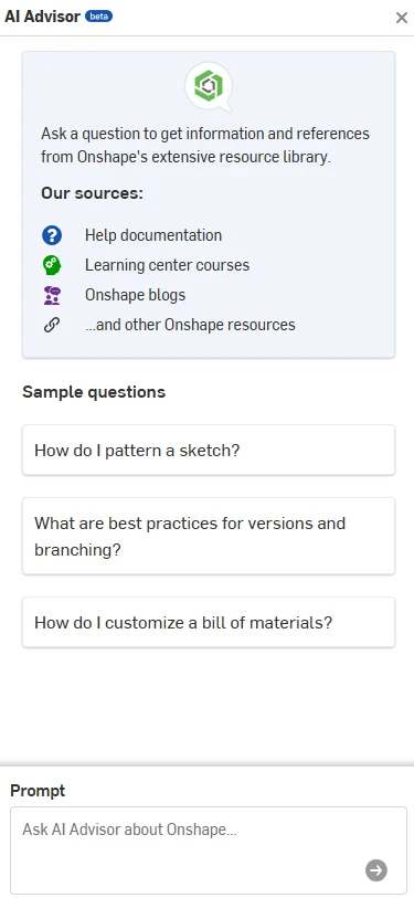 Interface d’Onshape AI Advisor offrant des réponses et des conseils pour les flux de travail CAO.